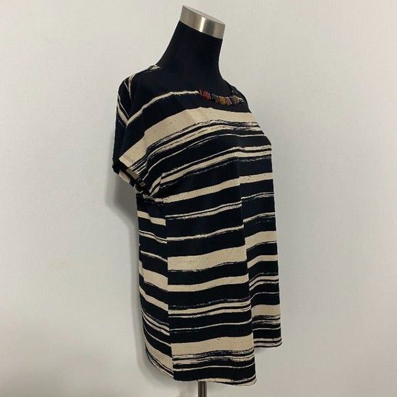 Susan Graver Artisan Shirt S Black Beige Gold Red Liquid Knit Embellished Beaded - Picture 2 of 5